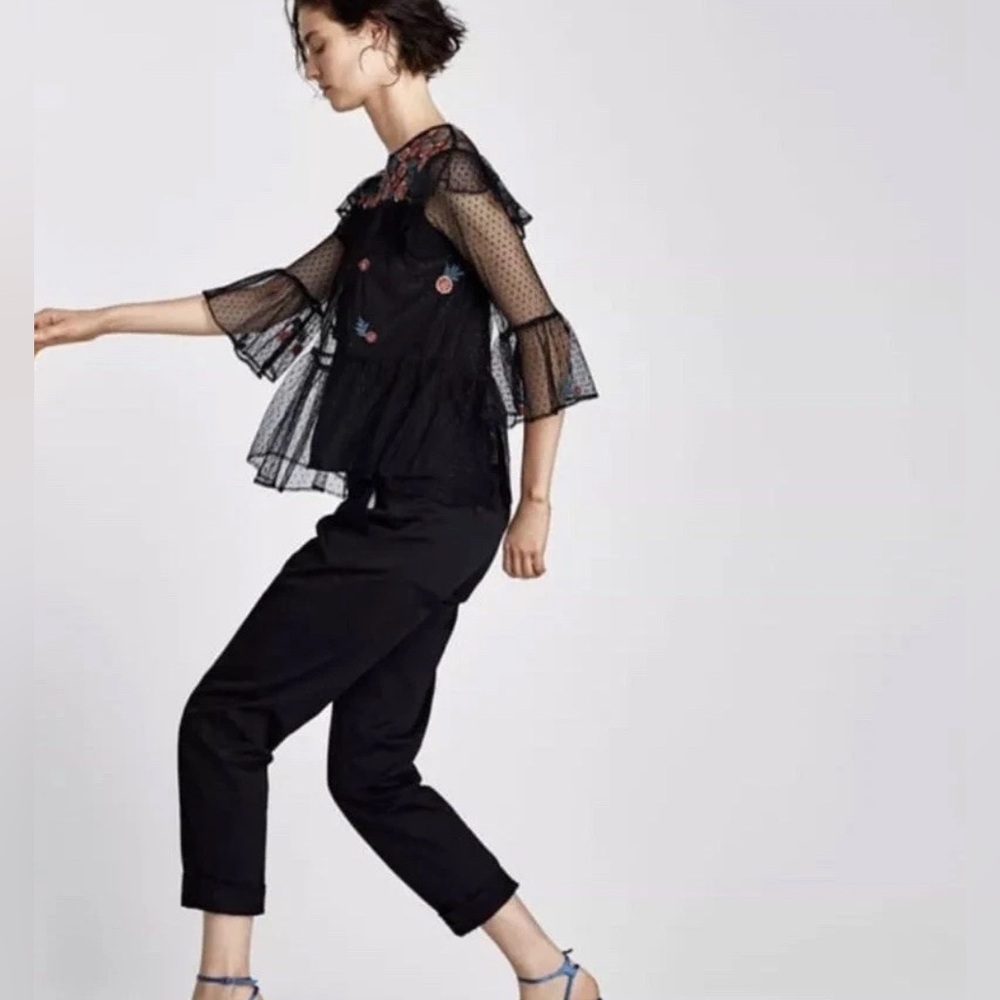 Zara Black Sheer Blouse with Floral Embroidery - Picture 7 of 12